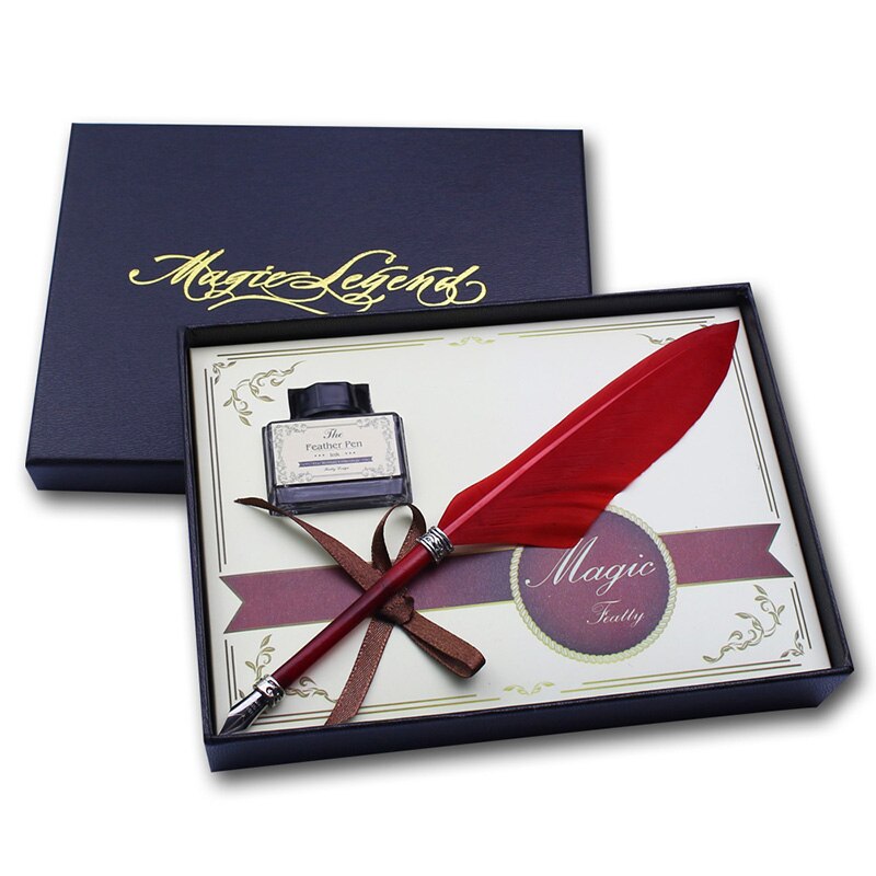 Mini Antique Europe Style Feather Pen Set Quill Calligraphy Writing Pen: Red