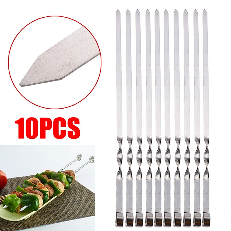 10pcs 50cm Stainless Steel Long Barbecue Kebab Food Meat Large Flat Skewers Set Outdoor Garden Grill Barbecue Accessories