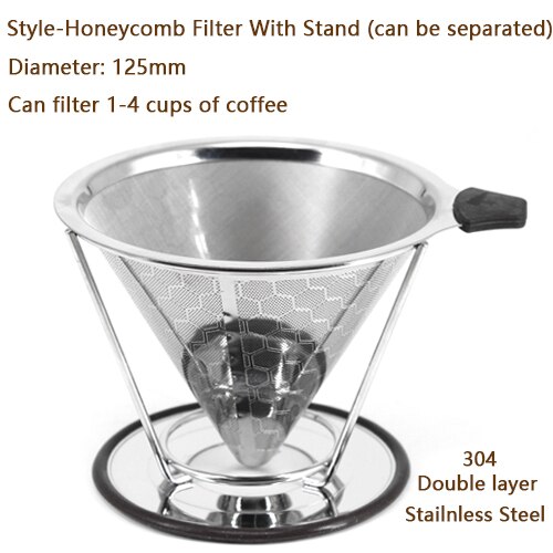 3 Style Coffee Filter Drip Double Layer Mesh Coffee Cone Filter 304(18/8) Stainless Steel Home Kitchen Coffee Making Tool: Filter and Stand B