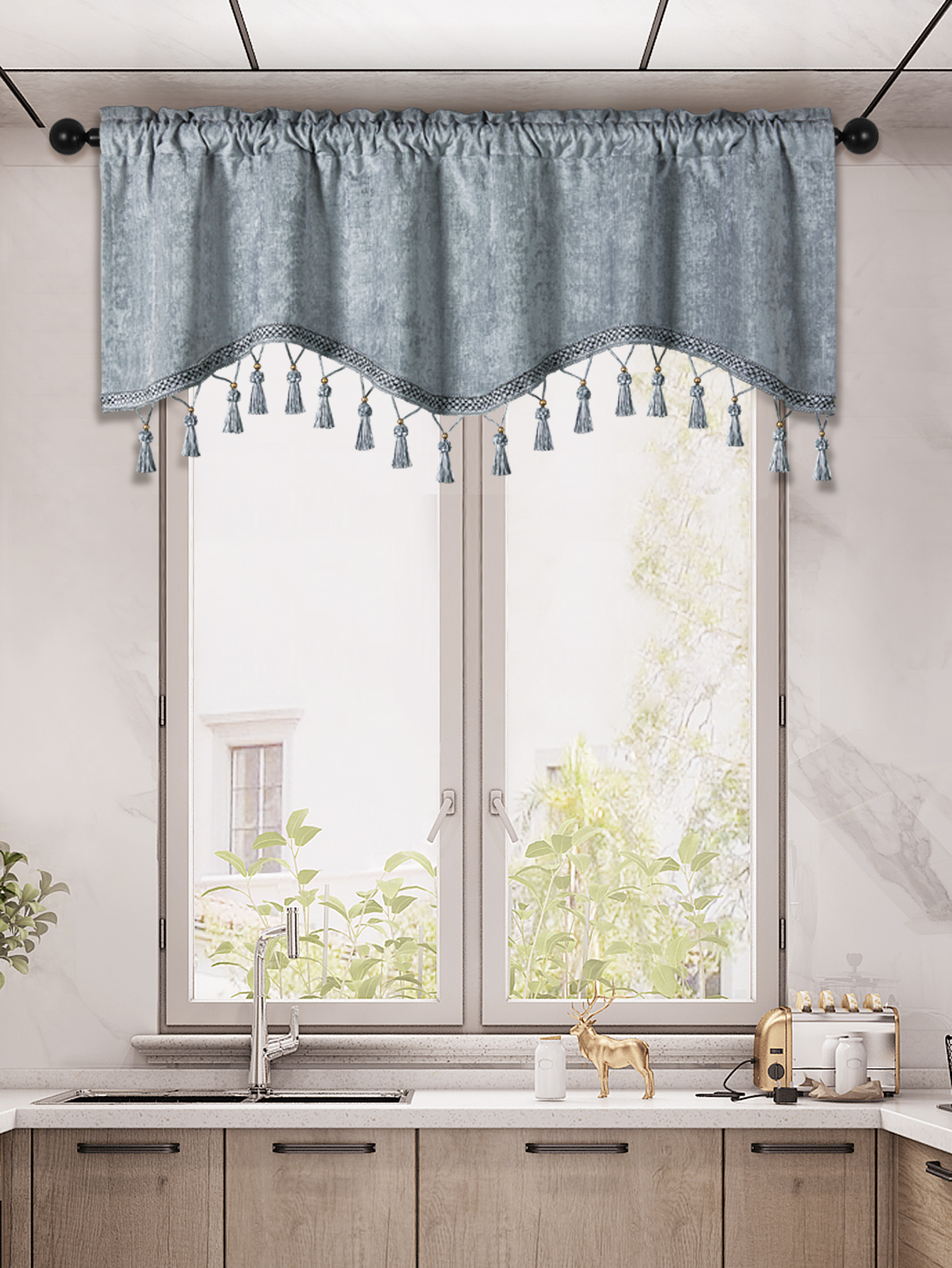 1Pc Eenvoudige Europese Stijl Gordijn Valance Voor Woonkamer, Staaf Zak, S-Vormige Valance Met Kwastjes Voor Raam Decor: Donkergrijs