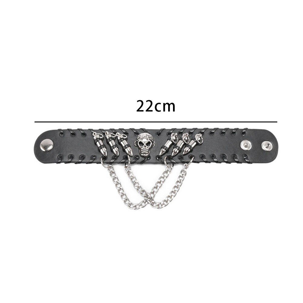 Unisex Black PU Leather Cool Bracelet Punk Bullet Wristband Adjustable Skull Metal Chain Bracelet Punk Biker Rock Gothic