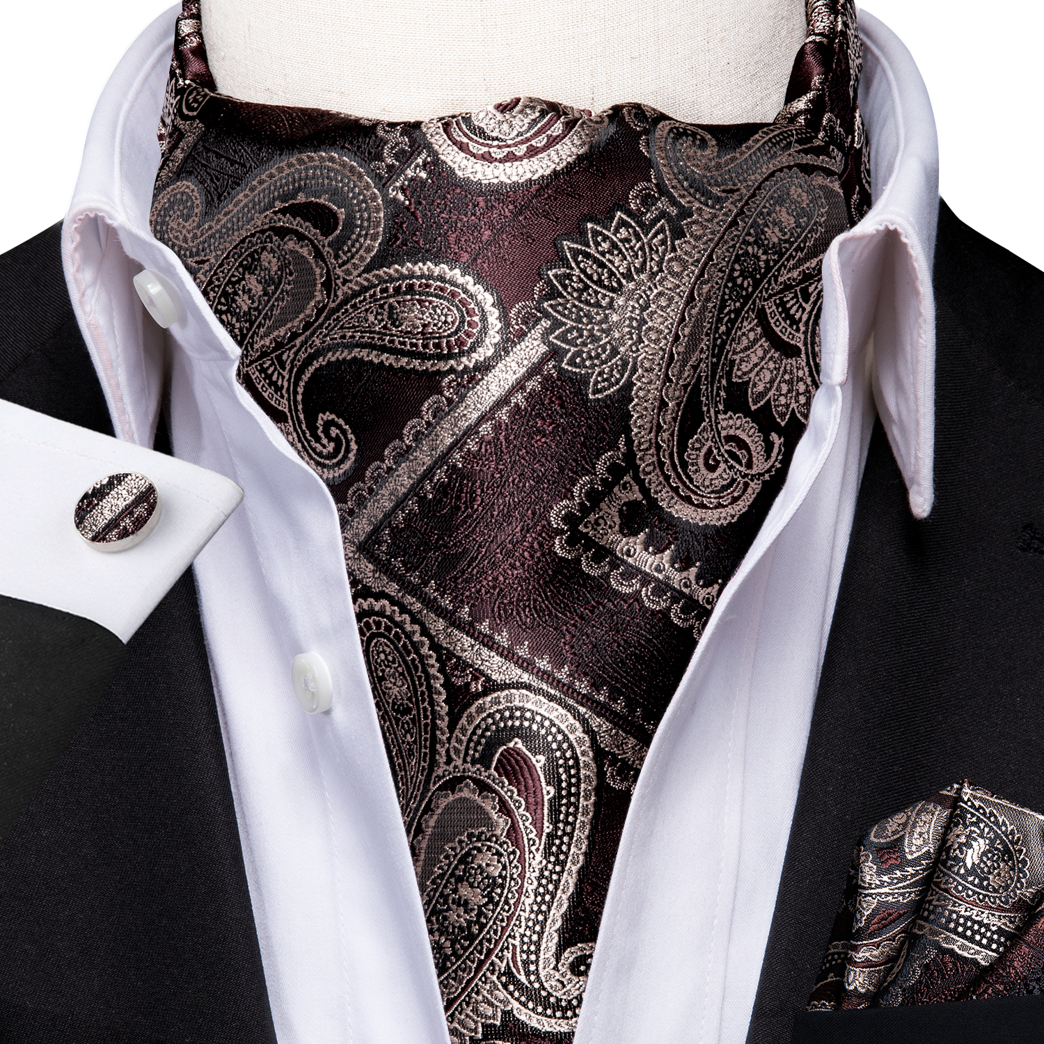 Hi-Tie Silk Mens Ascot Pocket Square Cufflinks Set Jacquard Paisley Floral Vintage Cravat Tie for Male Red Blue Green Gold Pink