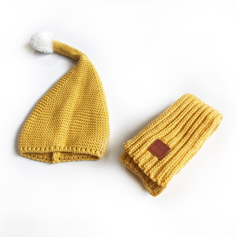 Vinter baby låve gutt jenter fast caps skjerf varm ull strikket søt ballhue + lue skjerf 2 stk / sett låve hals varmere lokk: Gul