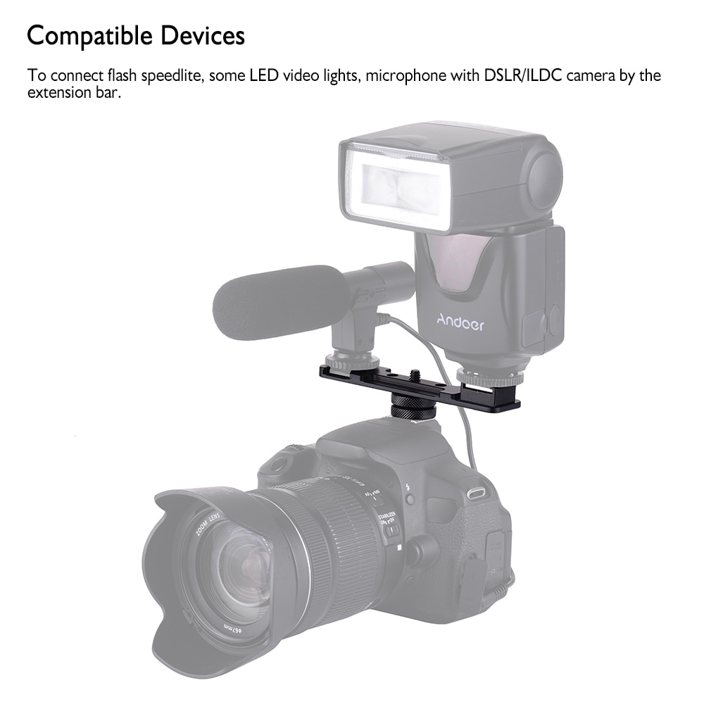 1/4 "parafuso monta dupla sapata quente barra de extensão suporte suporte flash suporte adaptador para flash speedlite led luz vídeo mic