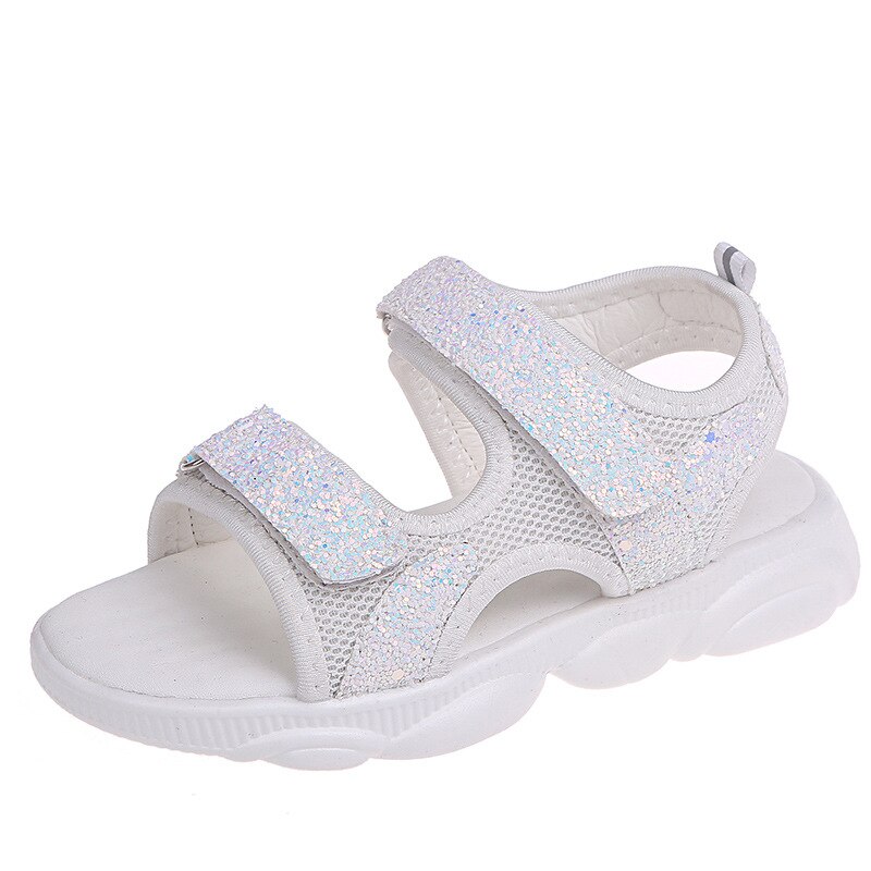 Glitter Sequin Girls Sandals Summer Korean Princess Dress Shoes Little Girls Sweet Children Beach Shoes Girls Shoes: White / 4.5