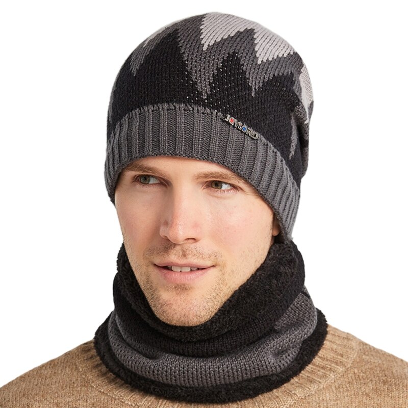 2Pcs Men Winter Flame Pattern Knitted Beanie Hat Circle Scarf Set Outdoor Cycling Windproof Thicken Plush Lined Skull Cap H05D: Gray