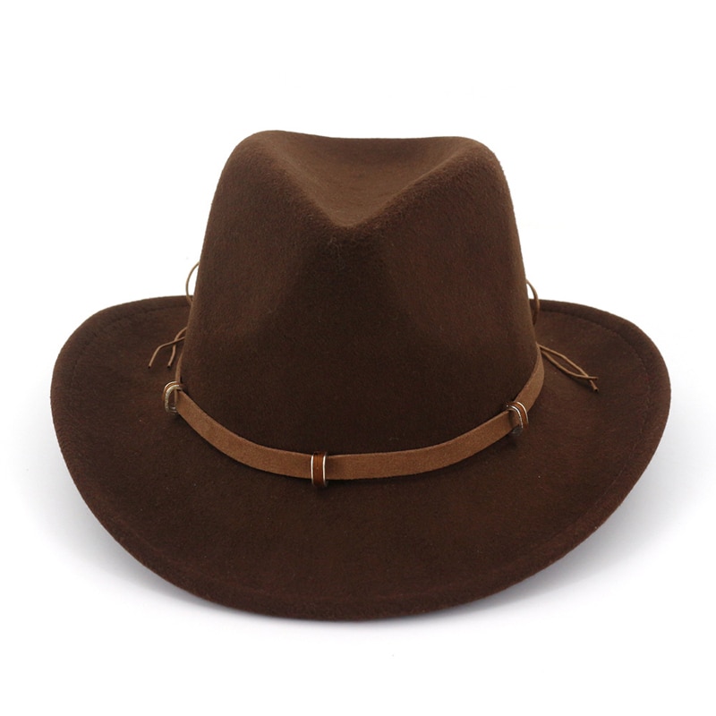 Læder dekoreret vestlig cowboy hat uldfilt jazz fedora hatte brede kant panama formel top cap sombreros til mænd kvinder