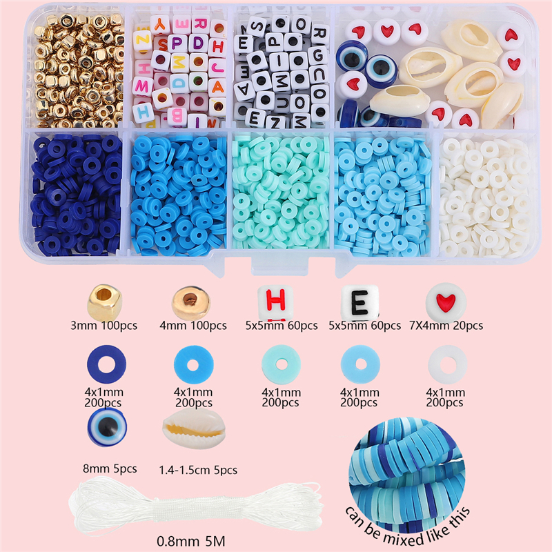 10-Gitter-Kasten-Perlen-einstellen, Polymer-Tonne, Acryl, Buchstaben-Rocailles, Schmuckherstellungsset, elastische Kordel für Mädchen und freundlicher, DIY-Armbinde: Blau