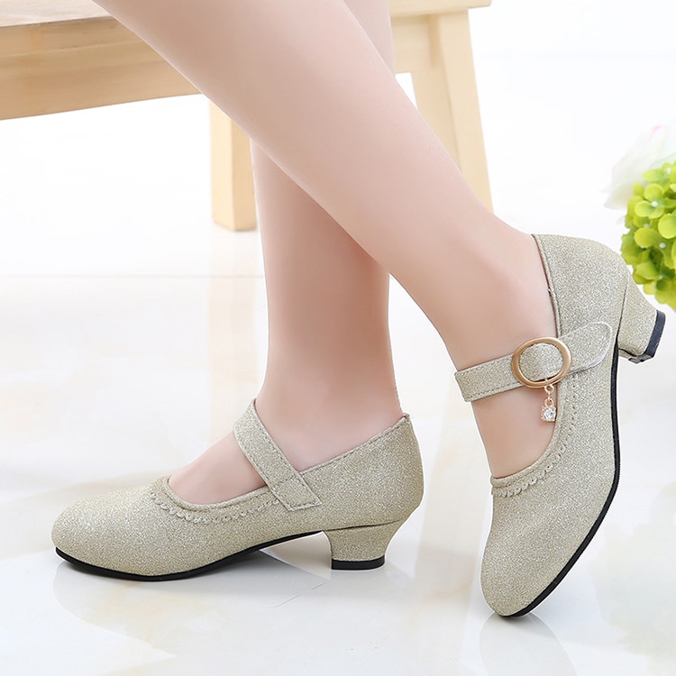 Kids Flower Children Girls High Heels Sequins Princess Dress Shoes For Teens Girls School Wedding And Party Dance Shoes Gold