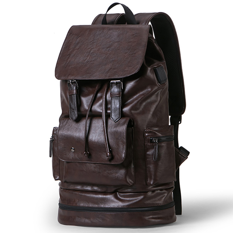 Preppy Style Men Backpack High capacity Backpack PU Leather Casual Travel SchoolBag PU leather Back Bag: Brown