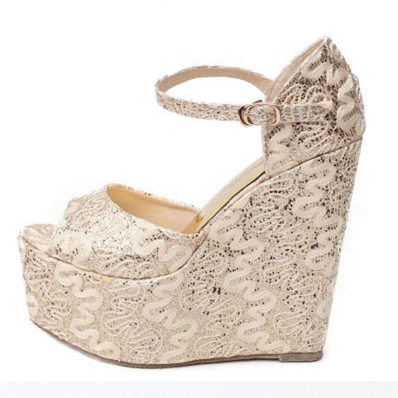 Zomerse kant bruiloft feest schoenen dames sandalen 15 cm hoge hakken sandalen dames open teen platform wedge pumps dames wsh 2597