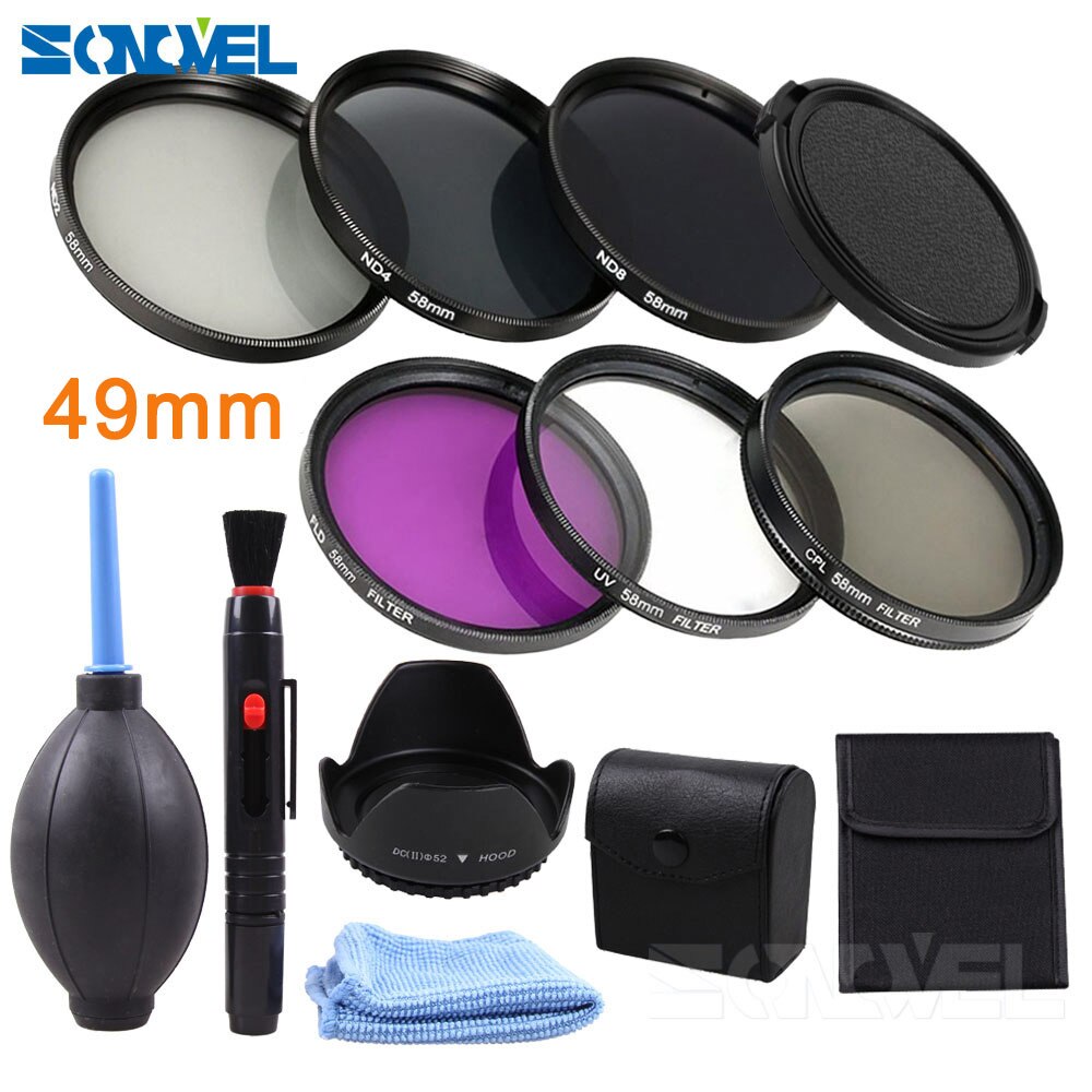 49 52 55 58 62 67 72 77 82mm UV CPL FLD ND2 ND4 ND8 Grijsfilter Kit + zonnekap + Cleaning kit Voor Canon Sony Nikon: 49mm