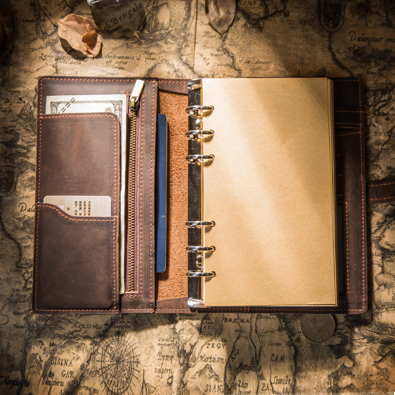 IPBEN Leather Notebook Travelers Journal Travel Planner a5 Note Book Diary filofax Handmade Calendar Postcard Stickers: dark brown / A7 11x14.5cm