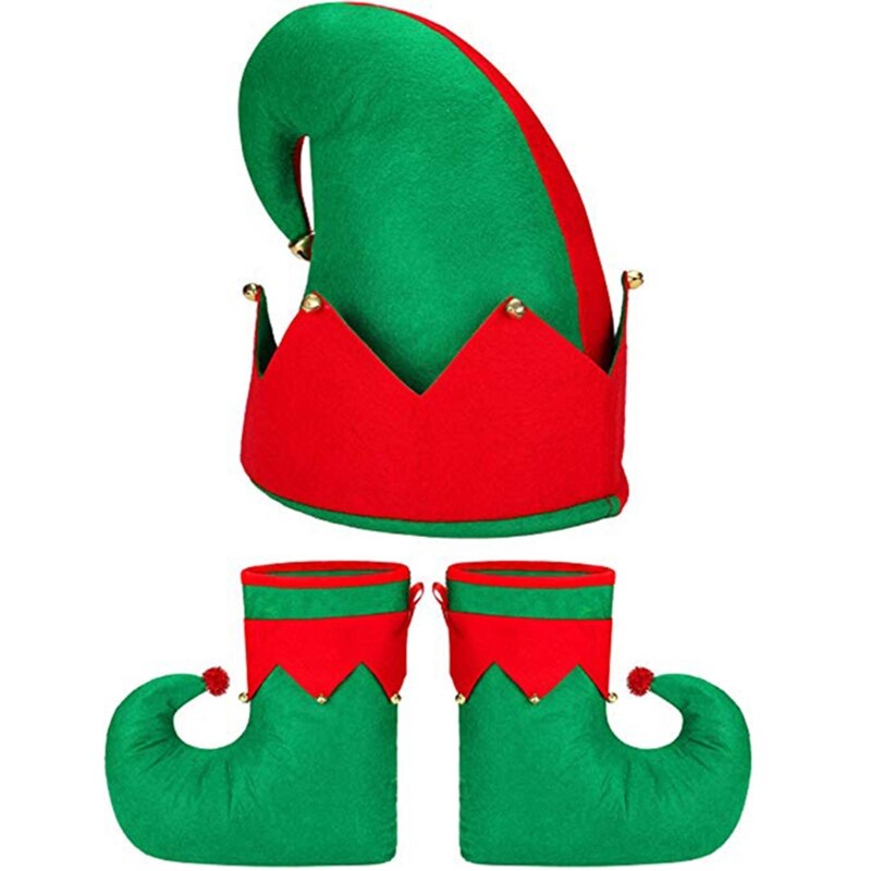 Sombreros de Navidad para adultos y niños, botas de elfo, calcetines de elfo de Navidad, zapatos de caramelo, sombrero, vestido de graduación, disfraz de vacaciones de Navidad, 3 piezas