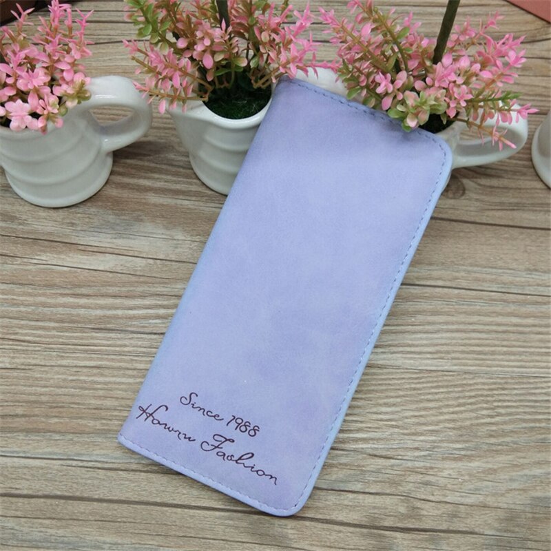 PU Leather Long Colorful Ladies Wallet Clip Thin Two Fold Women Slim Purse Letter Decoration Card Case: Purple