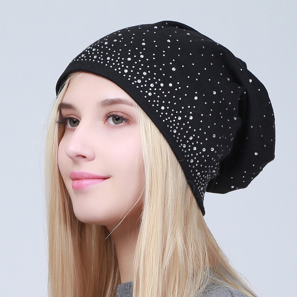 Geebro Women's Winter Slouchy Diamond Beanies &amp; Skullies Ladies Cotton Beanie Hat with Rhinestones Casual Thick Outdoor Ski Caps