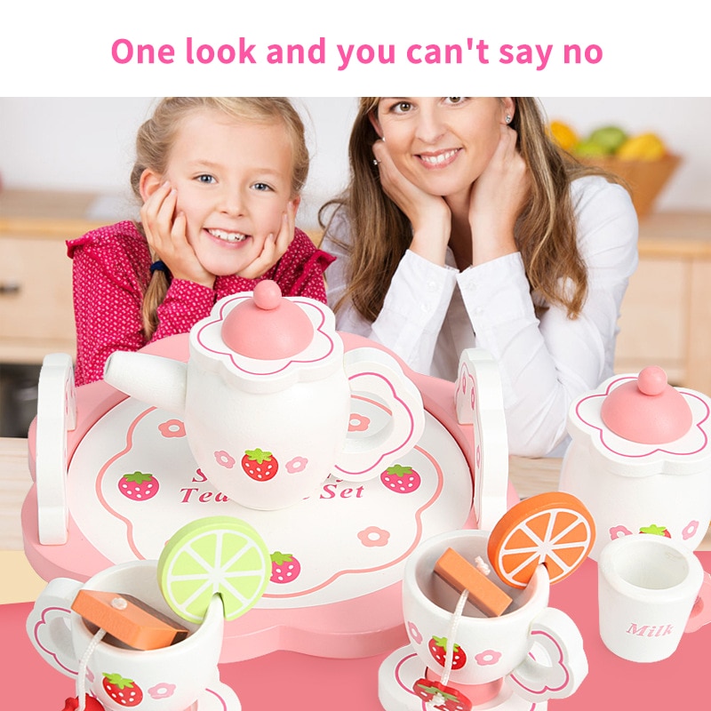 Simulation Wooden Kitchen Toy Tea Set Toy Pink Strawberry Afternoon Tea Tea Set Educational Toys