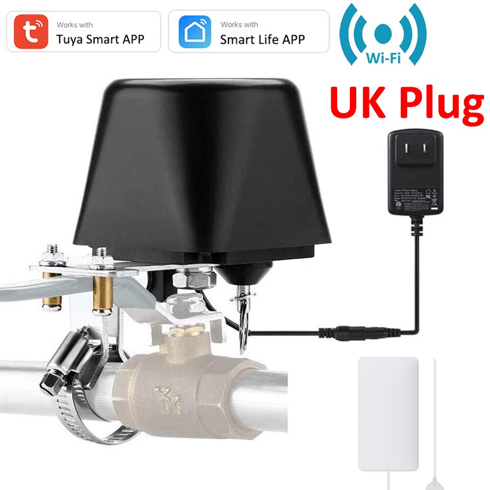 Tuya Smart Alexa Google WiFi Valve Controller Auto ON/OFF Smart Scenece with Wireless Water Leakage Leak Detector Smart Life APP: UK PLUG