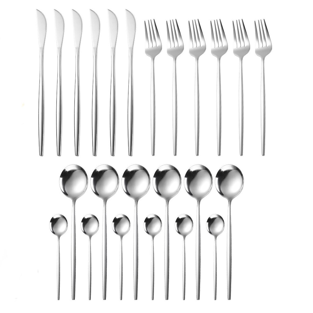 Guld servis set 24 delar gyllene bestick set rostfritt stål servis set bestick silver kniv gaffel sked box set: Silver-