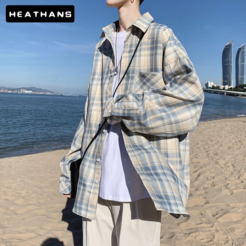 Mens Shirts Plaid Cotton Long Sleeves Shirts Spring Autumn Men Loose Harajuku Youthful Shirts For Male Clothing