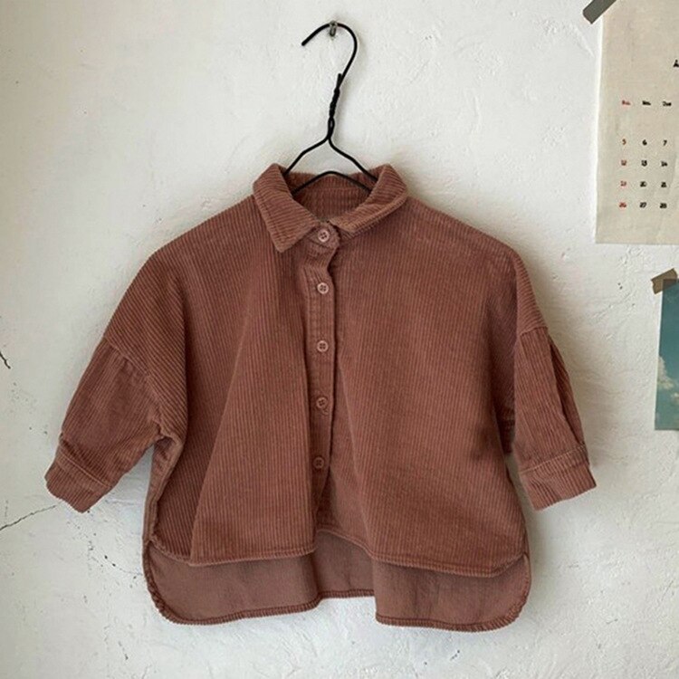 5312 efterårs børn fløjlsskjorter lange ærmer koreanske knap drenge afslappede toppe 1-7 år børn pige bluse tøj: Brun / 110cm