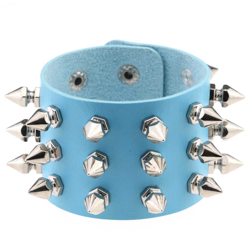 Boho Emo Spike bransoletka sztuczna skóra Punk bransoletki dla kobiet mężczyzn biżuteria Goth dziewczyna chłopiec mankiet Bangle Studded Halloween nadgarstek: P136 Light Blue