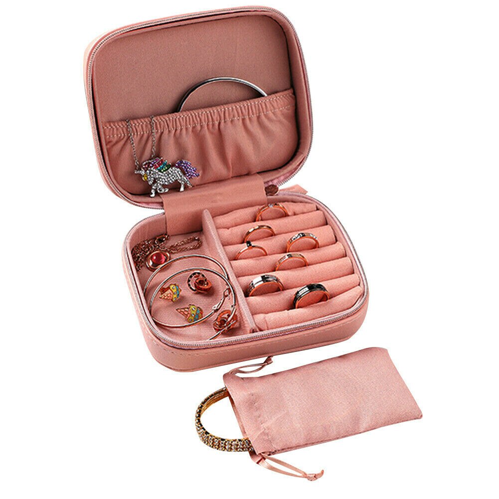 Joyero Organizador expositor joyero De viaje cajas portatiles Joyeros De almacenamiento De cuero con cremallera Joyeros Organizador De Joyas: pink