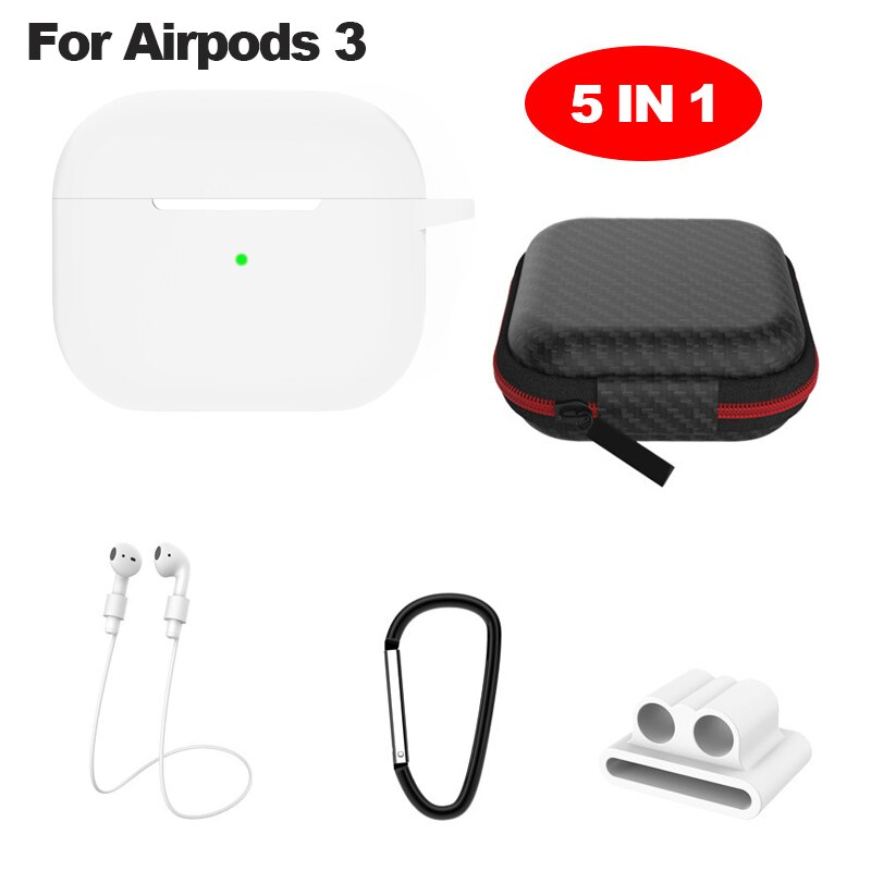 6 In-1 Case Lanyard Karabijnhaak Beschermhoes Voor Airpods 2 3 Hoofdtelefoon Siliconen Cover Voor Air Pods 2 3 Pro Case Accessoires Doos: white for airpod 3
