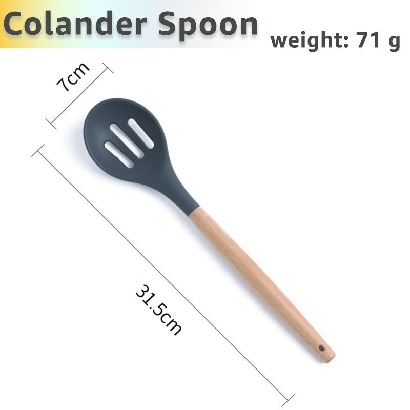 Silicone Cooking Utensils Set Kithcen Non Stick Spatula Shovel Soup Spoon Wooden Handle Heat Resisant 9 Pieces Cooking Tools set: Colander Spoon