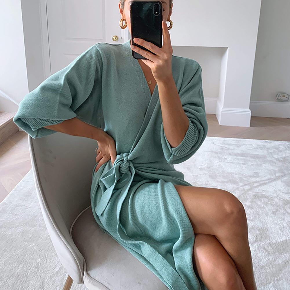 dresses Women Autumn Winter Solid Color Long Sleeve Knitted Wrap Belt Dress Maxi Robe Long Dress Vestido Femme Vestidos