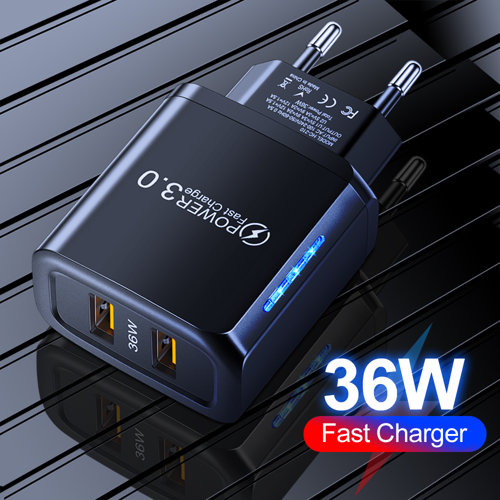 2 puertos 36W USB cargador de teléfono móvil Quick 3.0 adaptador de carga rápida de pared para iPhone Xiaomi Samsung Huawei