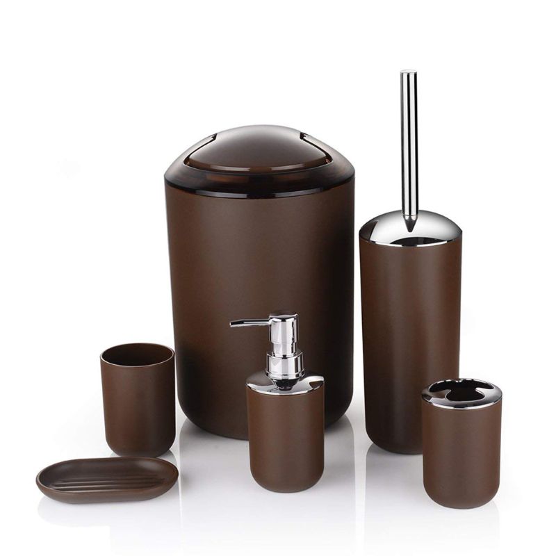 6-piece bathroom accessory set with a variety of color options. plastic: Brown