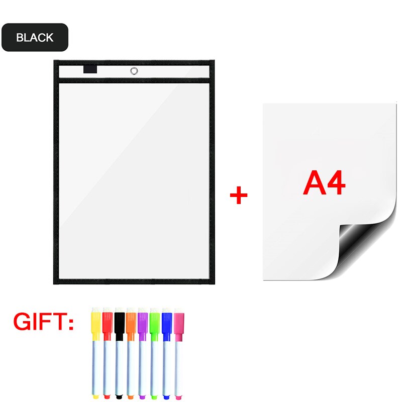Magnetic Whiteboard Soft Dry Erase Pockets Bags Write Wipe Drawing Writing Classroom Teaching Supplies Reusable Magnet Markers: BlackA48P