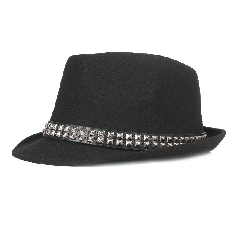 QBHAT-Sombrero de ala corta con remaches para hombre, sombrero de lana con banda de remache, fieltro, Jazz, Trilby, protección solar, para exteriores: Negro