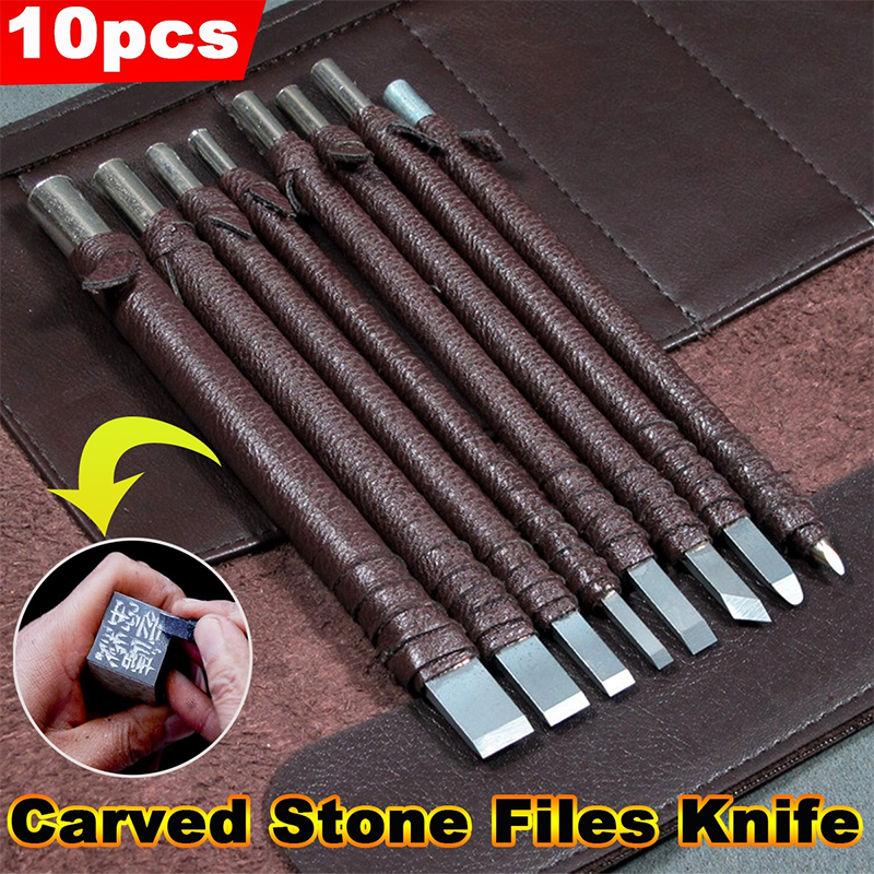 3/8/10Pcs Carved Stone Files Knife Tungsten Steel Carving Files Knife Chisel Craft Tools Leather Case for Engraving