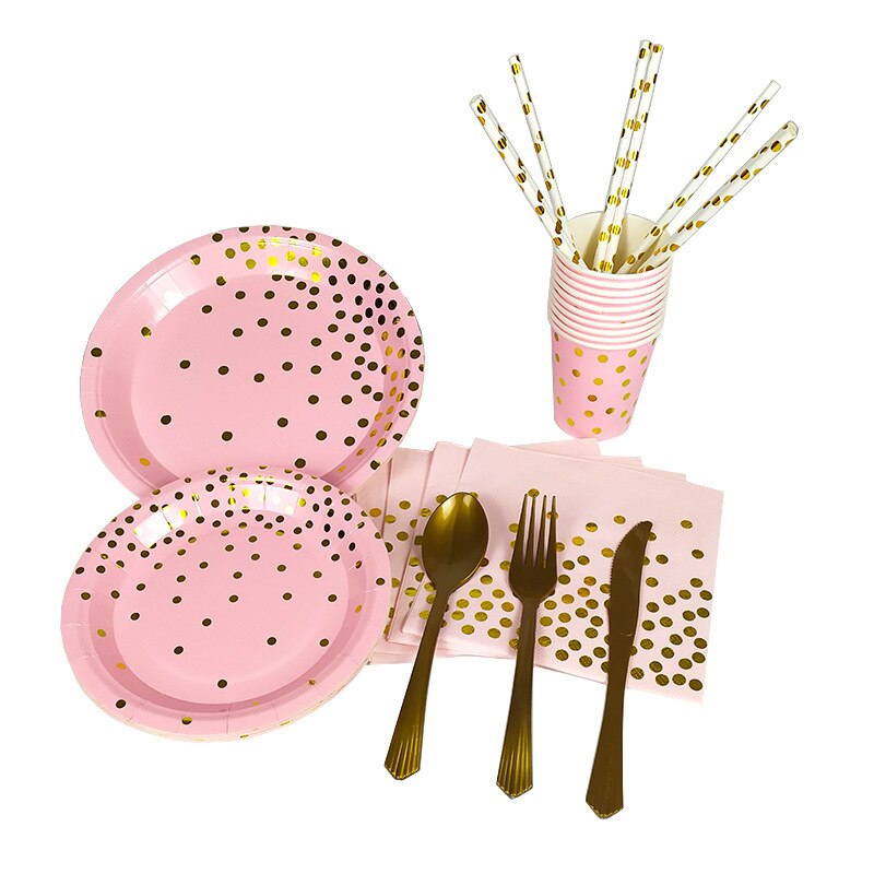 Roze gouden stippen babymeisje feest wegwerp servies beker bord servet verjaardag bruiloft feestdecoratie kinderen babyshower feestbenodigdheden