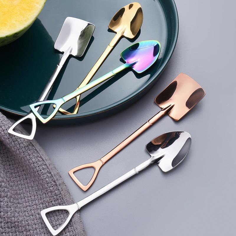 1Pcs 304 Stainless Steel Iron Shovel Spoon Retro Style Coffee Ice Cream Spoon 3Colors Multi Purpose Cusp/Square Kitchen Gadget