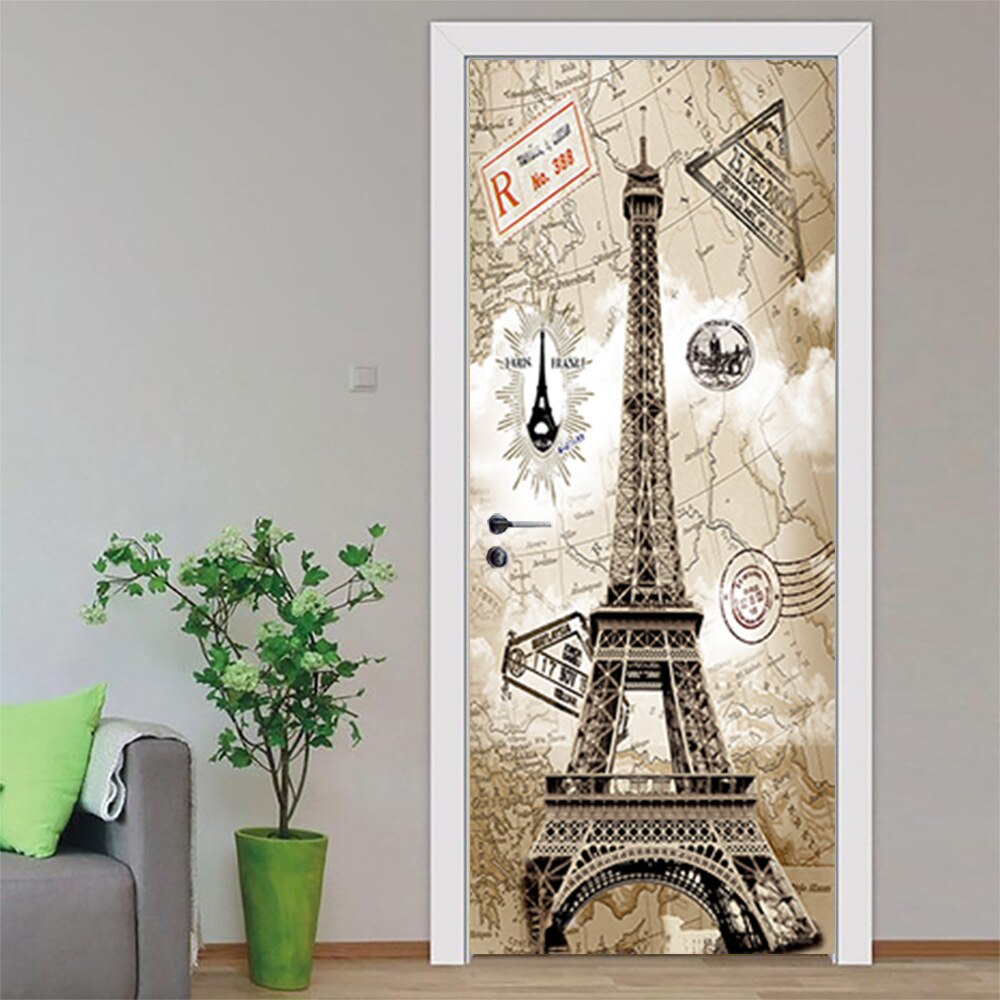 Door Stickers Paris Eiffel Tower Style 3d Wall Art Vinyl Door Mural Home Decoration Waterproof Poster