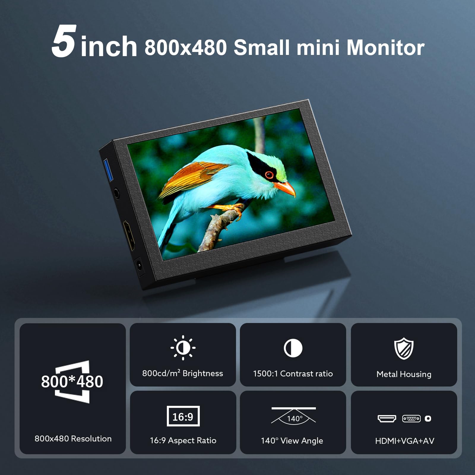 Miktver Monitor LCD IPS da 5 pollici Monitor Video per fotocamera con custodia in metallo 800x480 con ingressi HDMI/AV/VGA supporto per fotocamera DSLR/DVD/DVR