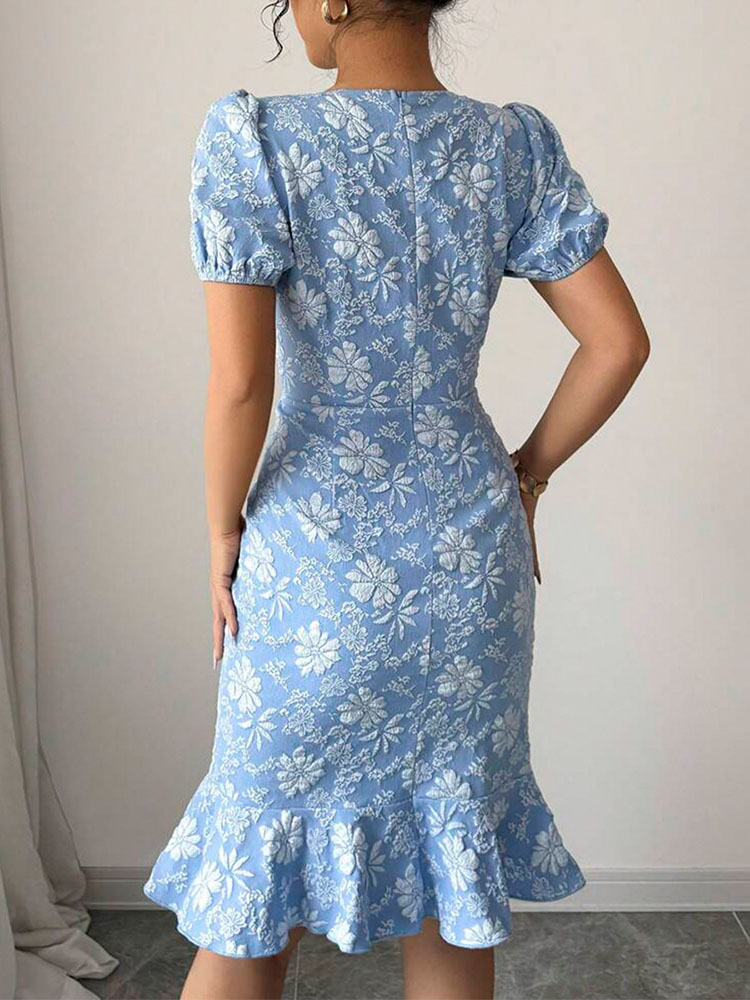 Summer Women's Dress Lantern Sleeve Hook Flower Dress, Summer Women's Clothing, Blue Dress, Women's Dress