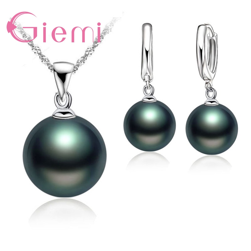 3 farvemuligheder hvid / sort / lyserød perle smykker sæt luksus 925 sterling sølv halskæde vedhæng øreringe sæt til kvinder: Sort