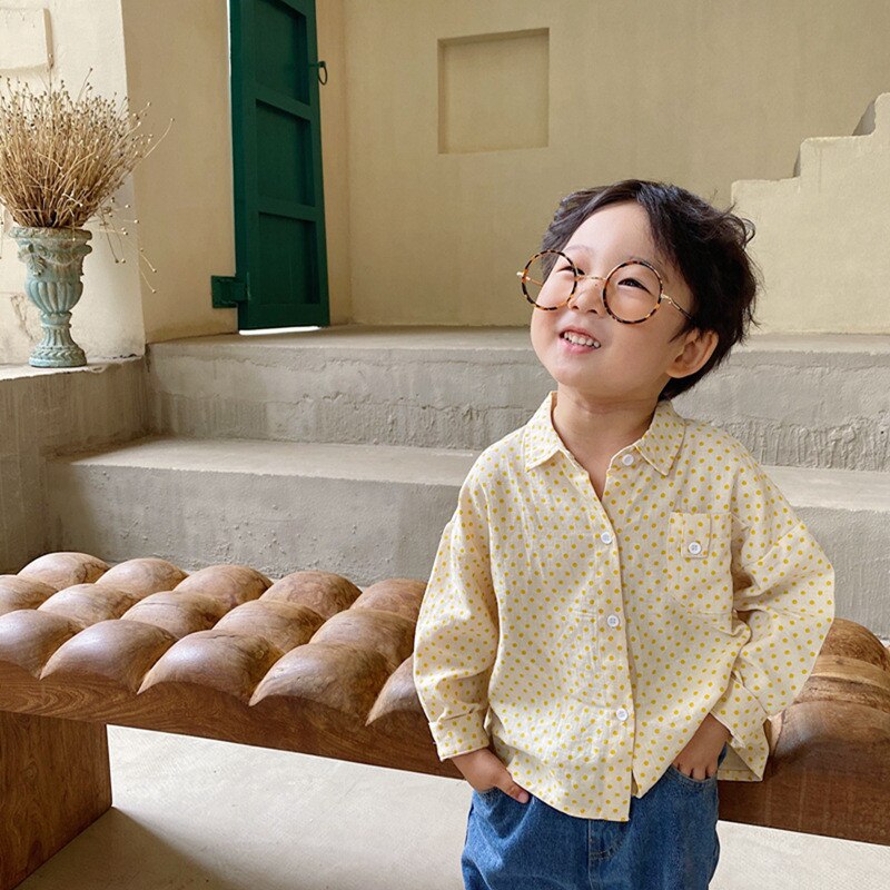 Boys Korean Style Cotton Dot Long Sleeve Shirts Spring and Autumn Lapel Collar Baby Boys soft all-match casual shirt