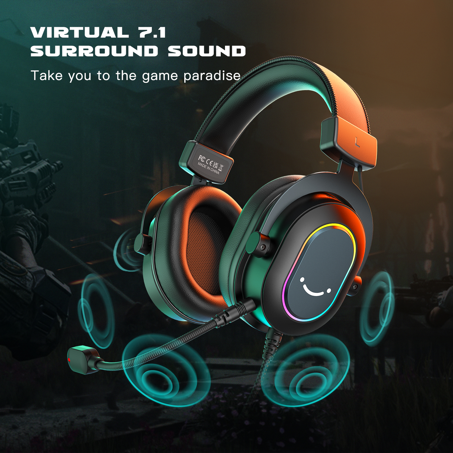 Zestaw słuchawkowy FIFINE USB do gier z dźwiękiem przestrzennym 7.1/kontrolą linii/trybem 3EQ, słuchawki RGB z mikrofonem, Plug and Play, do komputera/PS5 -H6