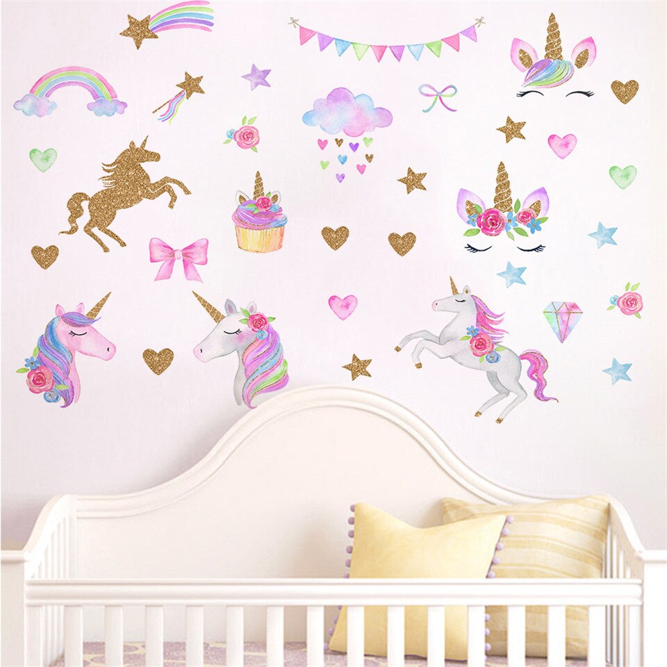 Roze Cartoon Eenhoorn Muursticker Voor Kinderkamer Nursery Decoratie Behang Waterdicht Diy Regenboog Decal Home Decor Muurschilderingen