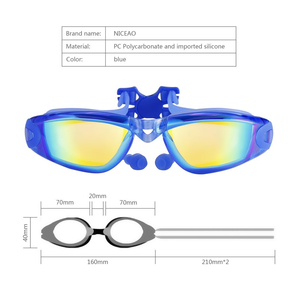 Niceao Elektronische Plating Hd Waterdichte Geen Lekkende Anti-Fog Verstelbare Zachte Zwemmen Goggle Met Gratis Oordopje Neusklem