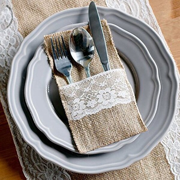 50 stk naturlig jute bestik knive og gafler bestik sæt sølvtøj taskeholder jute & blonder fest bryllup dekoration , 21 x 11cm