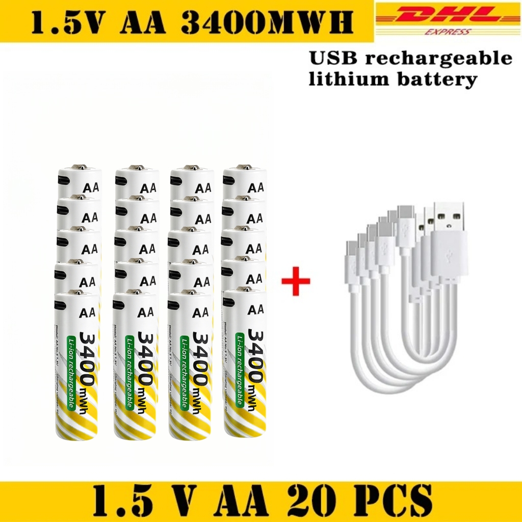 1.5V AA 3400mWh + AAA 900mWh Rechargeable Lithium Battery Set with USB-C Fast Charging Type C Cable air transport: Blue