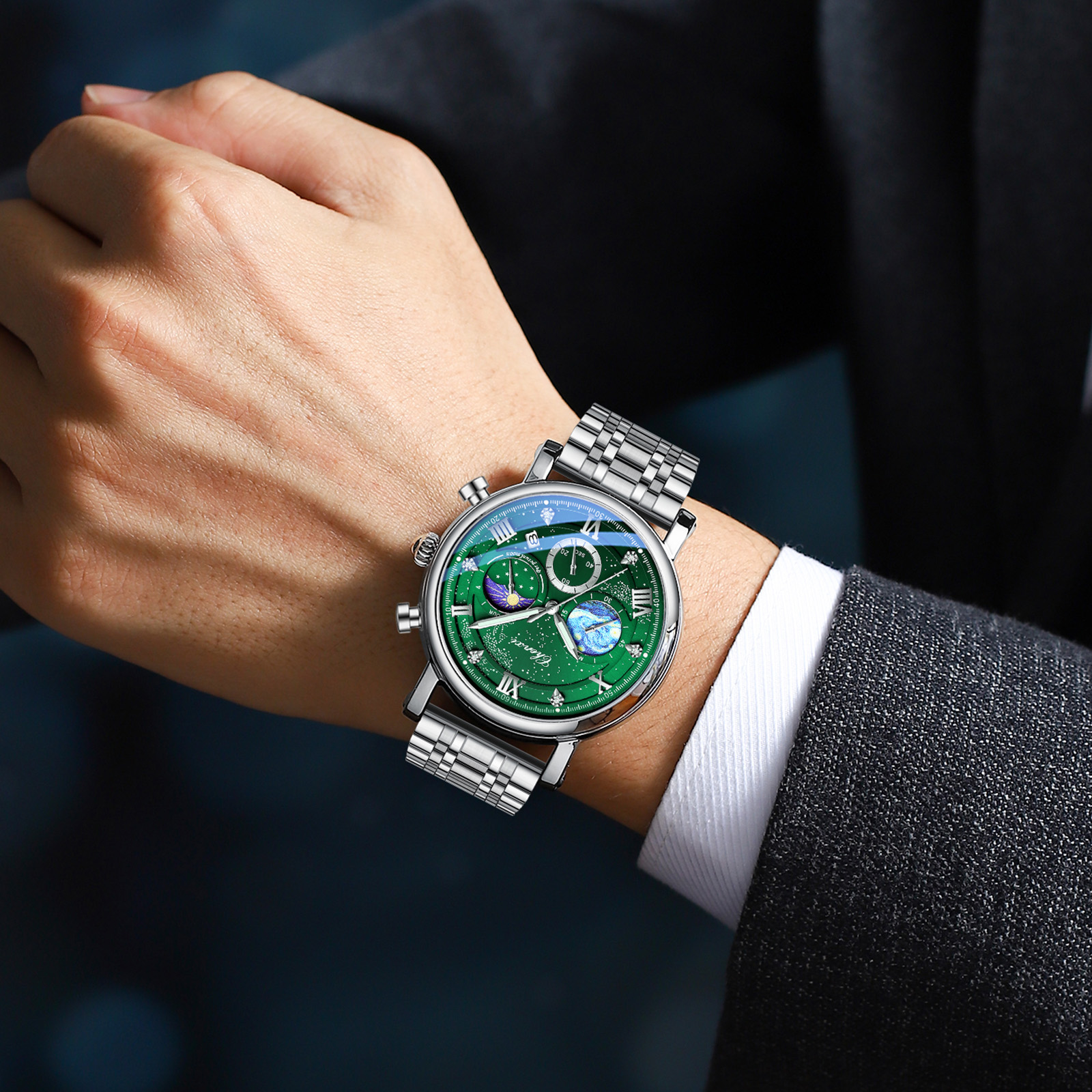 Chenxi herreur multifunktionel kronograf månefase dato quartz ure til mænd himmelsk urskive rustfrit stål armbåndsur
