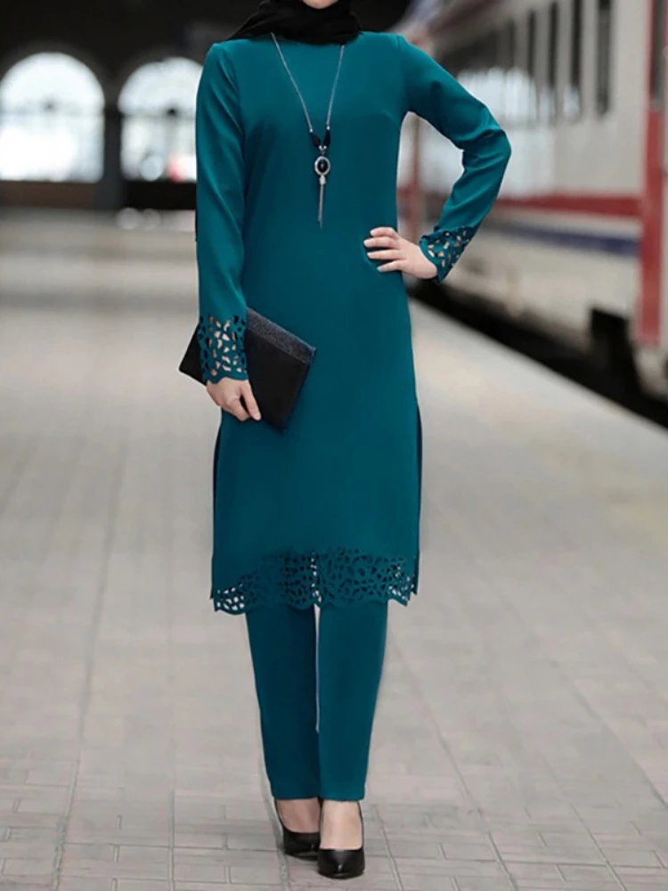M -4xl todelte sæt toppe og bukser kvinder kalkun muslimsk abaya split kjoler ramadan marokkansk kaftan islamisk tøj