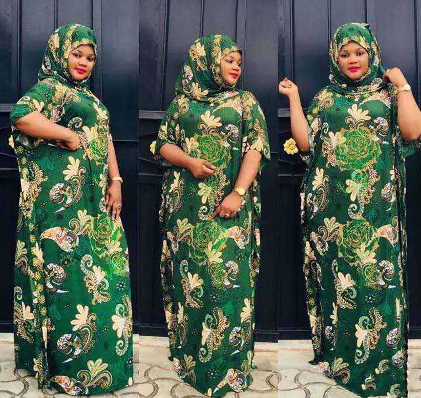 Stil klassisk afrikansk dametøj dashiki stretch fri størrelse længde 152 cm print løs lang kjole tilføj tørklæde: Grøn